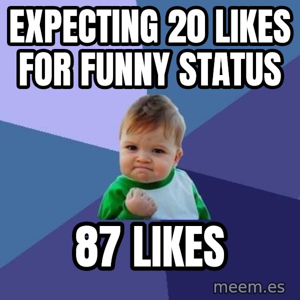 Success Kid meme: Expecting 20 likes for funny status / 87 likes