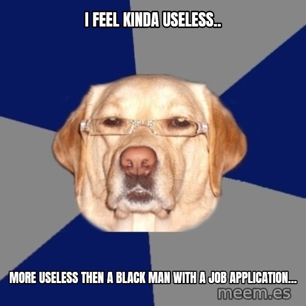 Racist Dog meme: I feel kinda useless.. / more useless then a black man with a job application...