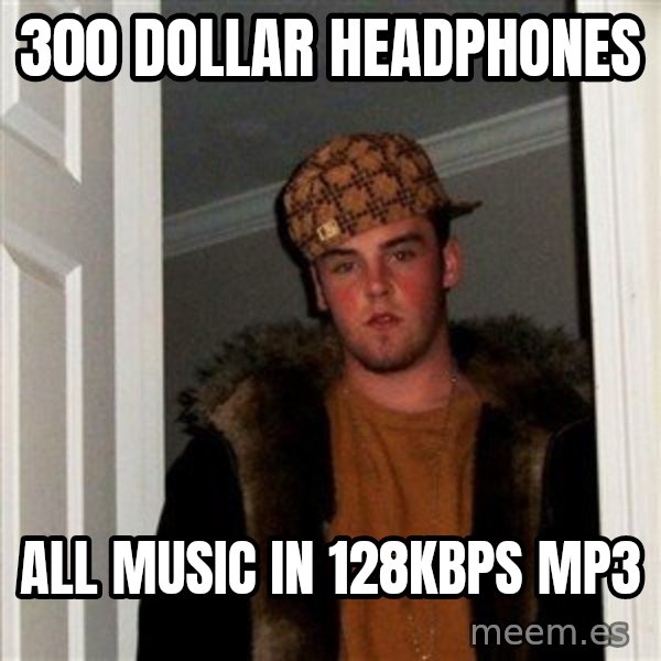 Scumbag Steve meme: 300 dollar headphones / all music in 128kbps mp3