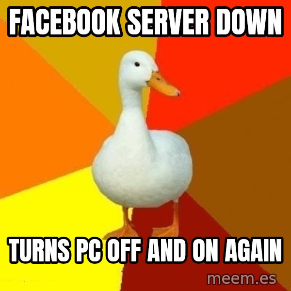 Technologically Impaired Duck meme: facebook server down / turns pc off and on again