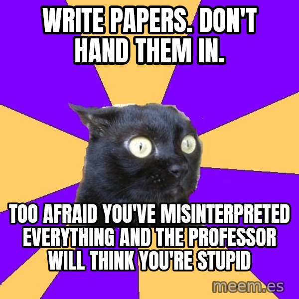 Anxiety Cat meme: WRITE PAPERS.  DON'T HAND THEM IN. / TOO AFRAID YOU'VE MISINTERPRETED EVERYTHING AND THE PROFESSOR WILL THINK YOU'RE STUPID