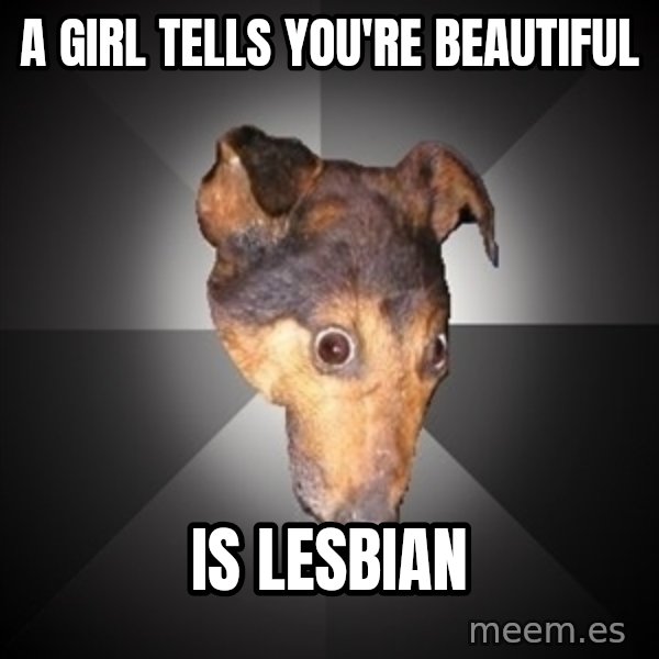 Depression Dog meme: a girl tells  you're beautiful / Is lesbian