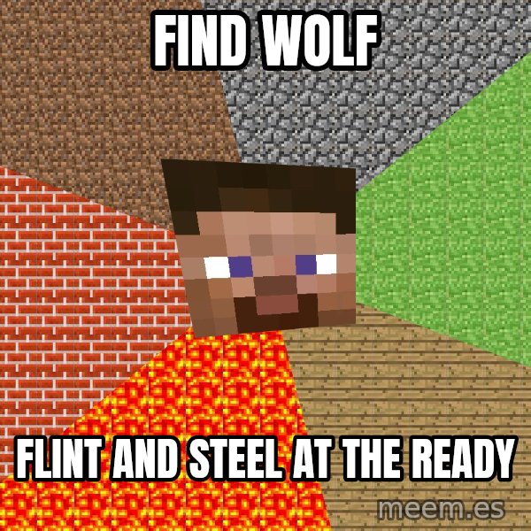 Minecraft Guy meme: Find wolf / flint and steel at the ready