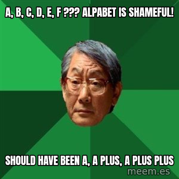 High Expectations Asian Father meme: A, B, C, D, E, F ??? Alpabet is shameful! / should have been a, a plus, a plus plus
