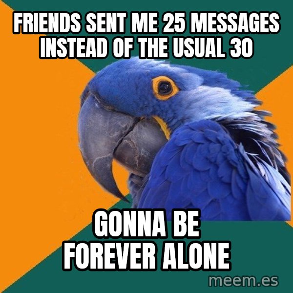 Paranoid Parrot meme: FRIENDS SENT ME 25 MESSAGES INSTEAD OF THE USUAL 30 / GONNA BE FOREVER ALONE