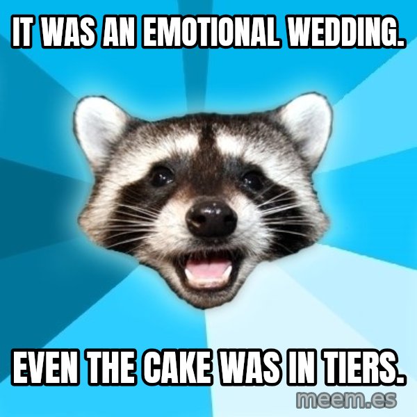 Lame Pun Coon meme: It was an emotional wedding. / EVEN THE CAKE WAS IN TIERS.