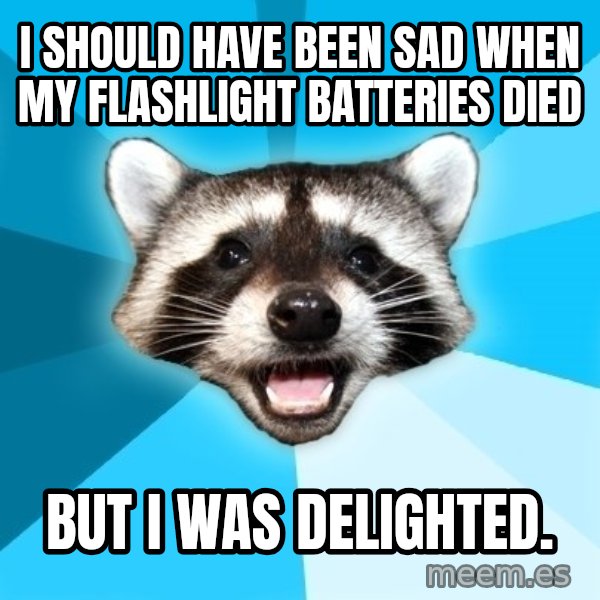 Lame Pun Coon meme: I should have been sad when my flashlight batteries died / BUT I WAS DELIGHTED.