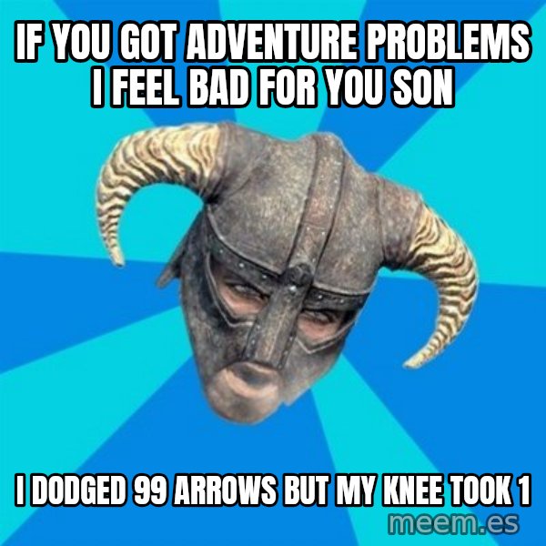 skyrim stan meme: if you got adventure problems i feel bad for you son / i dodged 99 arrows but my knee took 1