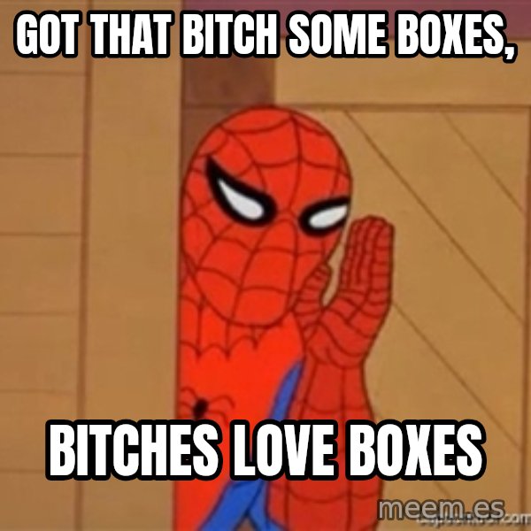 Psst spiderman meme: Got that bitch some boxes, / Bitches love boxes
