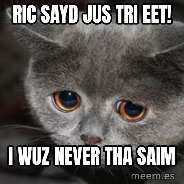 Sadcat meme: Ric sayd jus tri eet! / I wuz never tha saim