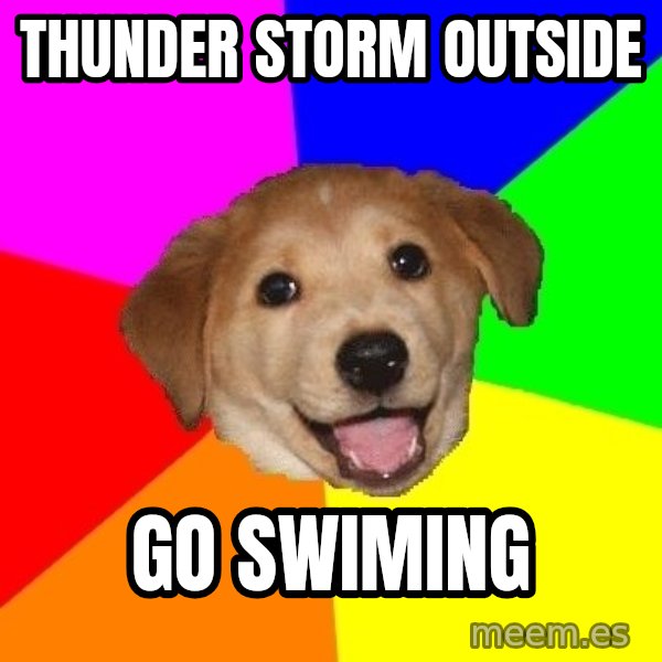 Advice Dog meme: THUNDER STORM OUTSIDE / GO SWIMING