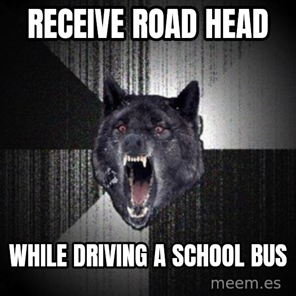 Insanity Wolf meme: receive road head / while driving a school bus