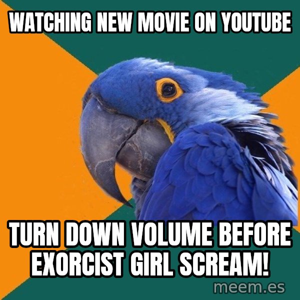 Paranoid Parrot meme: Watching new movie on youtube / turn down volume before       exorcist girl scream!
