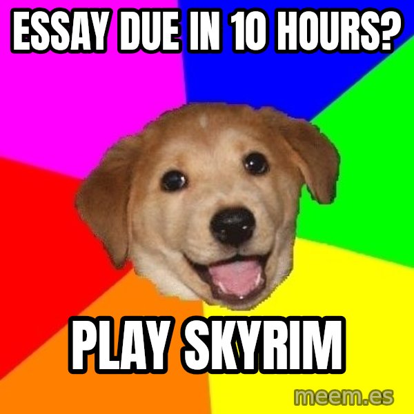 Advice Dog meme: essay due in 10 hours? / play skyrim