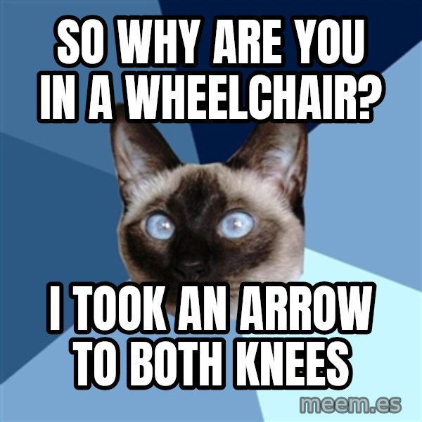 Chronic Illness Cat meme: so why are you in a wheelchair? / i took an arrow to both knees