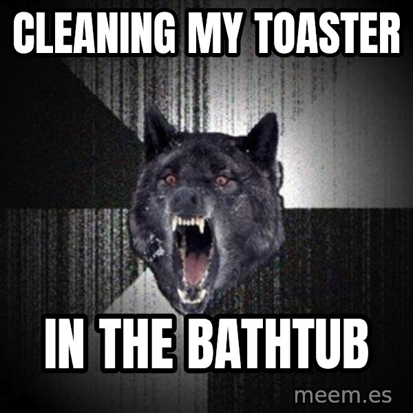 Insanity Wolf meme: Cleaning my toaster / in the bathtub