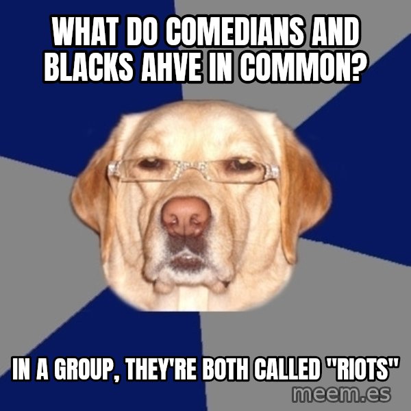 Racist Dog meme: What do comedians and blacks ahve in common? / In a group, they're both called "riots"