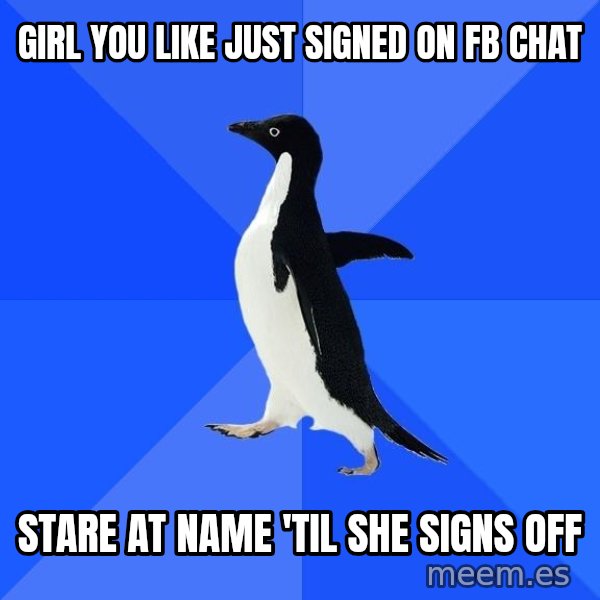 Socially Awkward Penguin meme: girl you like just signed on FB chat / stare at Name 'til she signs off