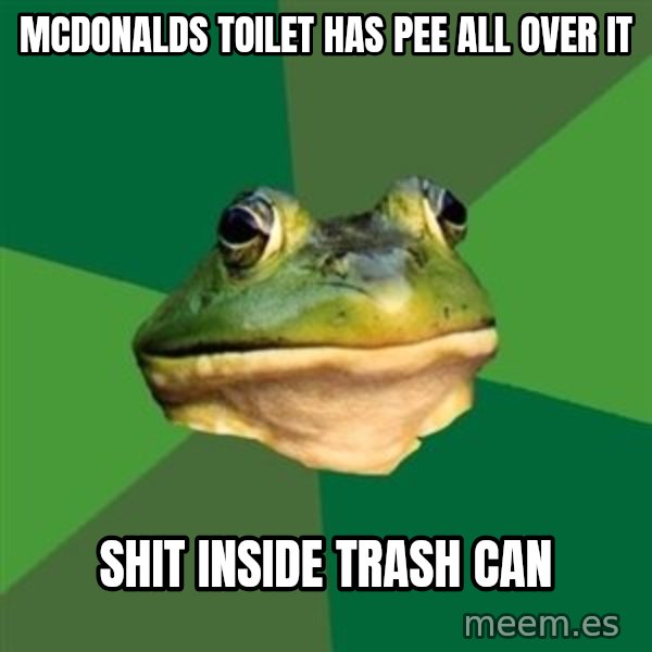 Foul Bachelor Frog meme: mcdonalds toilet has pee all over it / shit inside trash can