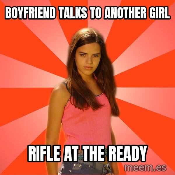Jealous Girl meme: Boyfriend talks to another girl / rifle at the ready