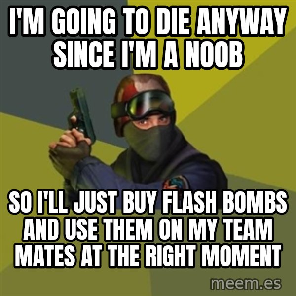 Counter Strike meme: I'm going to die anyway since i'm a noob / so i'll just buy flash bombs and use them on my team mates at the right moment