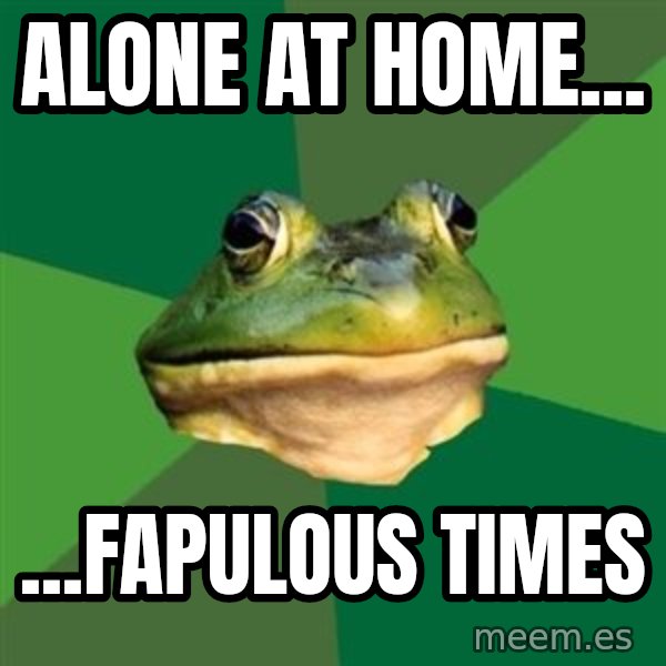 Foul Bachelor Frog meme: Alone at home... / ...Fapulous times