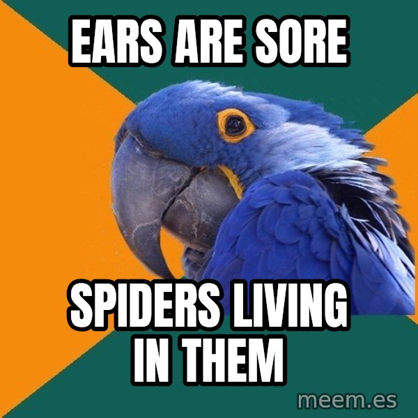 Paranoid Parrot meme: ears are sore / spiders living in them