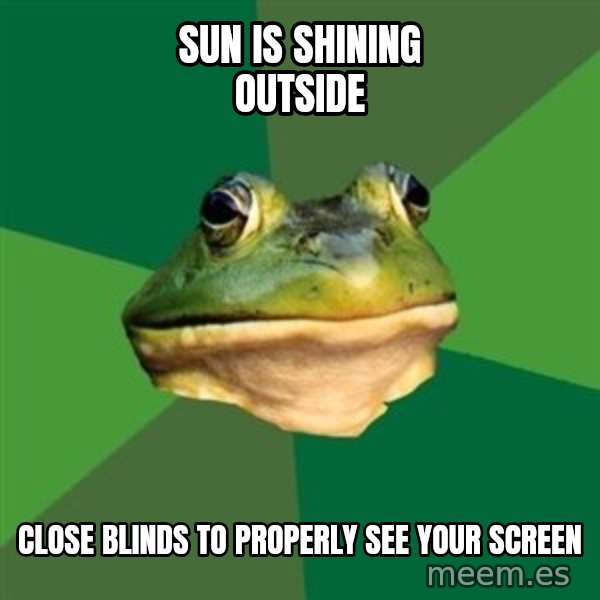 Foul Bachelor Frog meme: Sun is shining outside / close blinds to properly see your screen