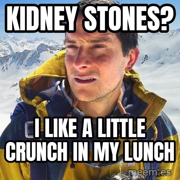 Bear Grylls meme: Kidney Stones? / I like a little crunch in my lunch