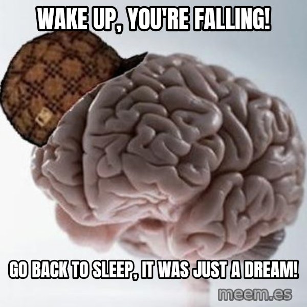 Scumbag Brain meme: Wake up, you're falling! / Go back to sleep, it was just a dream!