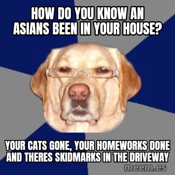 Racist Dog meme: how do you know an asians been in your house? / your cats gone, your homeworks done and theres skidmarks in the driveway