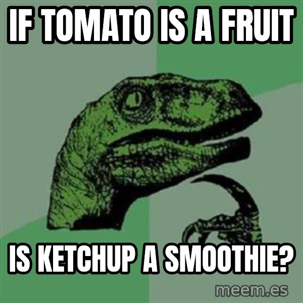 Philosoraptor meme: IF TOMATO IS A FRUIT / IS KETCHUP A SMOOTHIE?