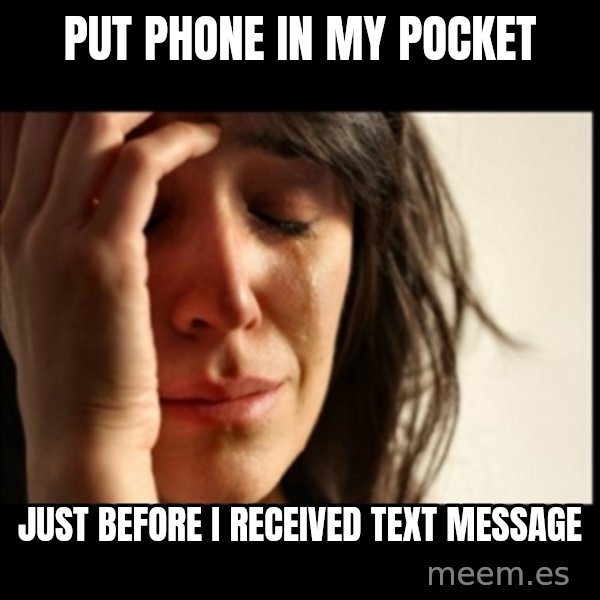 First World Problems meme: put phone in my pocket / just before i received text message