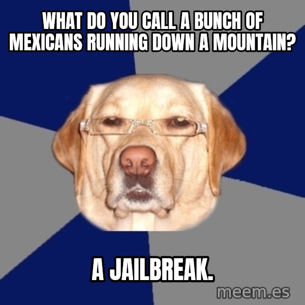Racist Dog meme: what do you call a bunch of mexicans running down a mountain? / a jailbreak.