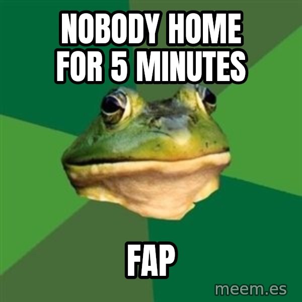 Foul Bachelor Frog meme: nobody home for 5 minutes / fap