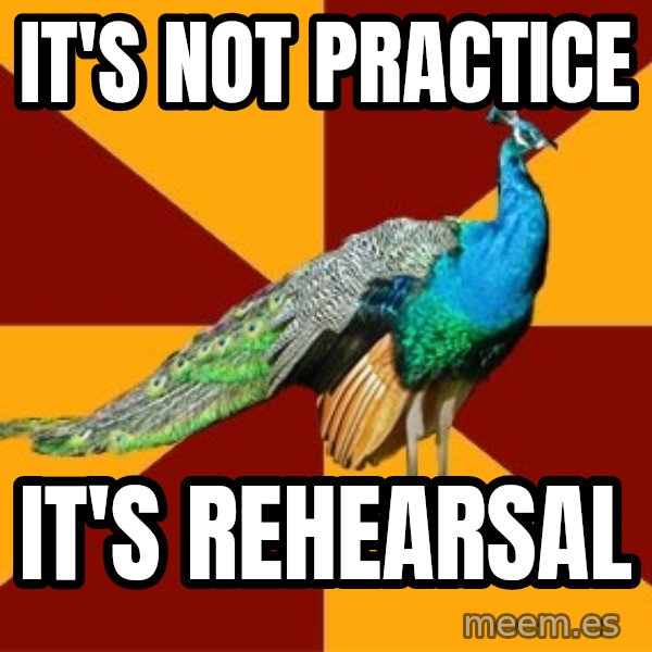 Thespian Peacock meme: It's not practice / it's rehearsal