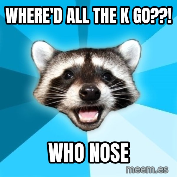 Lame Pun Coon meme: where'd all the k go??! / who nose