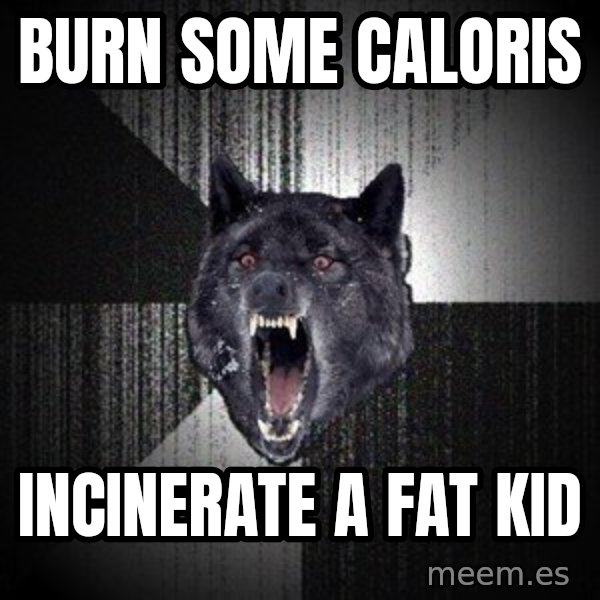 Insanity Wolf meme: Burn some caloris / incinerate a fat kid