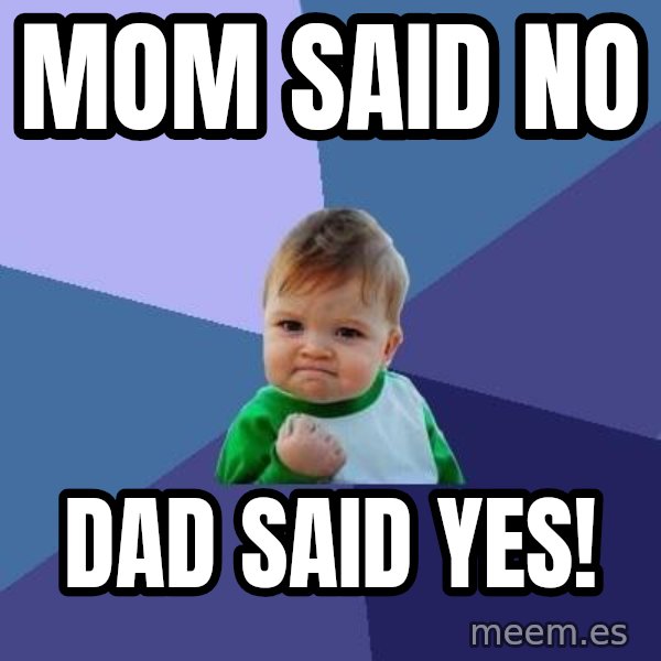 Success Kid meme: mom said no / dad said yes!