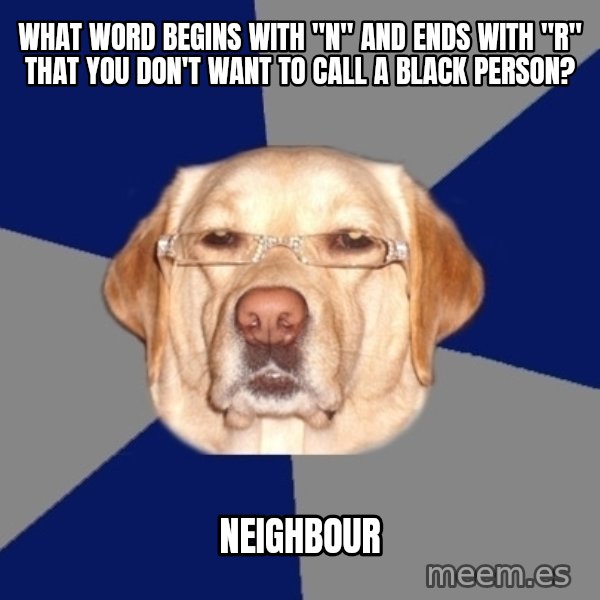 Racist Dog meme: What word begins with "n" and ends with "r" that you don't want to call a black person? / neighbour