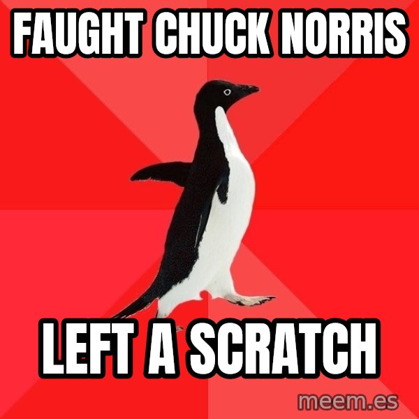 Socially Awesome Penguin meme: faught chuck norris / left a scratch