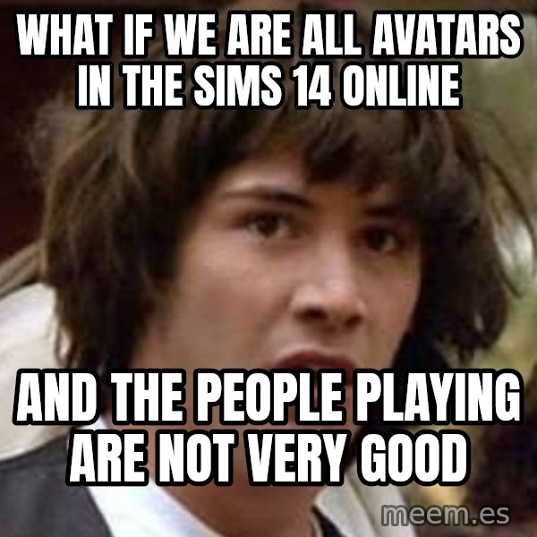 Conspiracy Keanu meme: what if we are all avatars in the sims 14 online / and the people playing are not very good