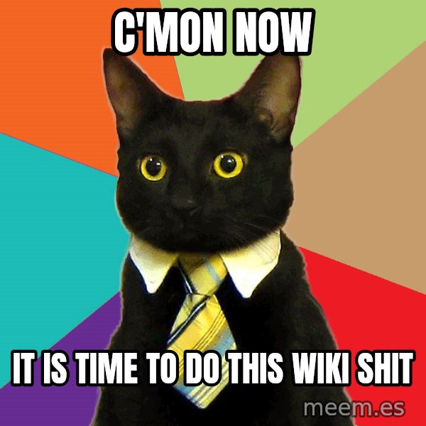 Business Cat meme: c'mon now / it is time to do this wiki shit