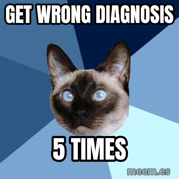 Chronic Illness Cat meme: Get wrong diagnosis / 5 times