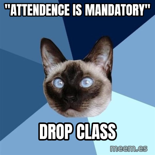 Chronic Illness Cat meme: "attendence is mandatory" / drop class
