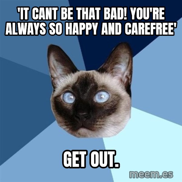 Chronic Illness Cat meme: 'It cant be that bad! you're always so happy and carefree' / get out.