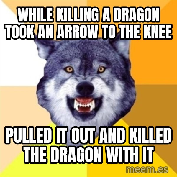 Courage Wolf meme: while killing a dragon took an arrow to the knee / pulled it out and killed the dragon with it