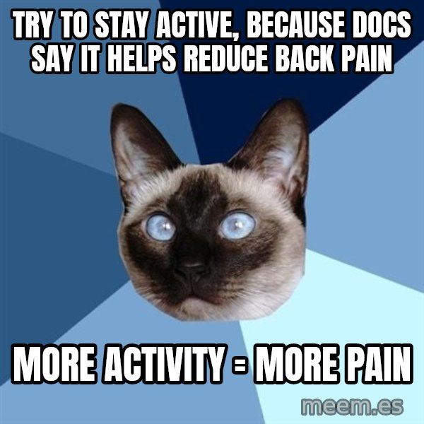 Chronic Illness Cat meme: TRY TO STAY ACTIVE, BECAUSE DOCS SAY IT HELPS REDUCE BACK PAIN / MORE ACTIVITY = MORE PAIN