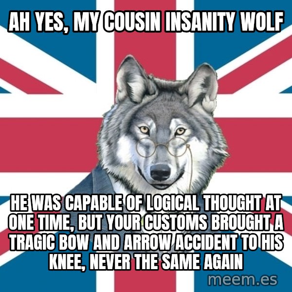 Sir Courage Wolf Esquire meme: ah yes, my cousin insanity wolf / he was capable of logical thought at one time, but your customs brought a tragic bow and arrow accident to his knee, never the same again