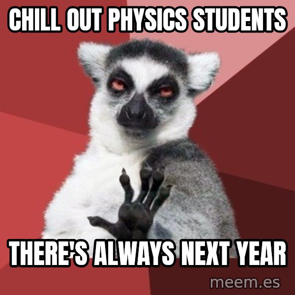 Chill Out Lemur meme: Chill out Physics students / There's always next year